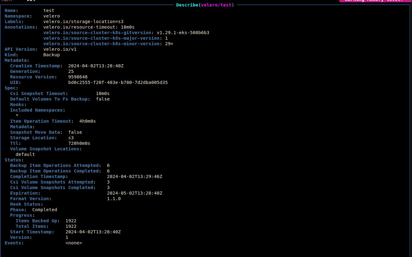 Backup resource created in K9s