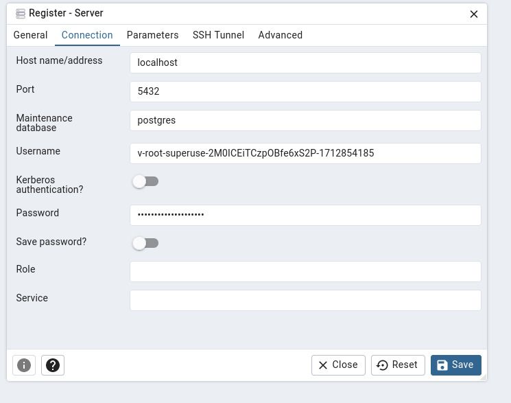 Add connection details to the new server configuration in pgAdmin4