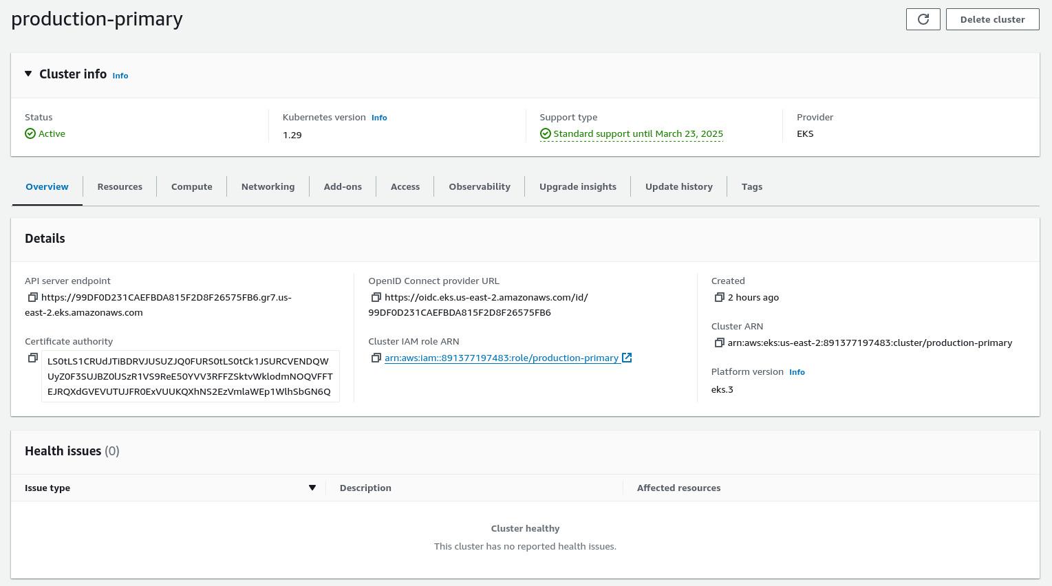 Kubernetes cluster dashboard in AWS web console