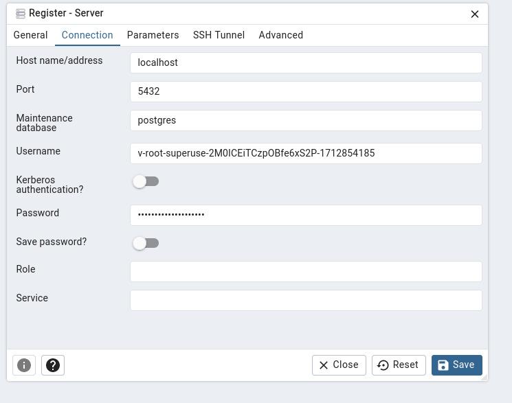 Add connection details to the new server configuration in PgAdmin4